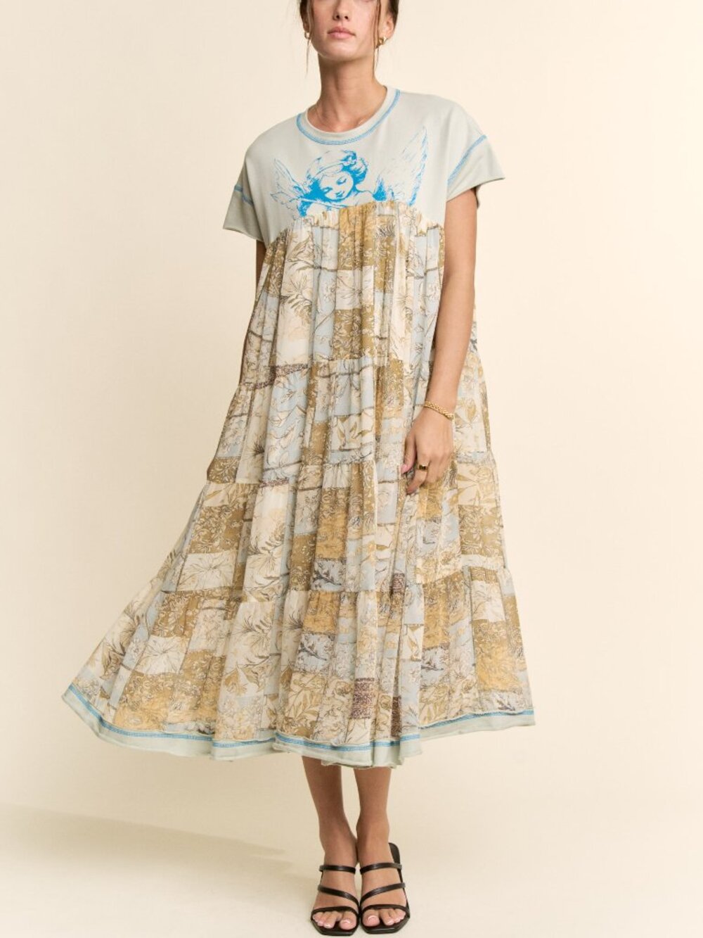 DAVI & DANI MIXED ANGEL PRINT MIXED MEDIA DRESS-SAGE